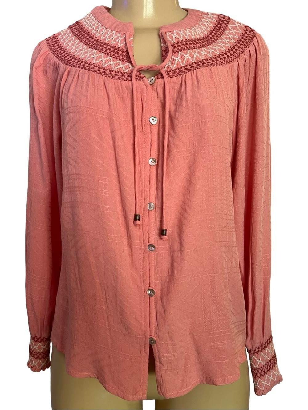 NWT Nature by Westbound Coral Pink Smocked Peasant Blouse PS Rayon Boho MSRP $59